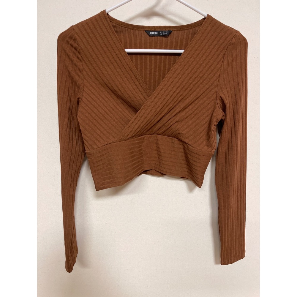 SHEIN Rust Brown Ribbed Knit Wrap Front Long Sleeve Crop Top Size M US 6